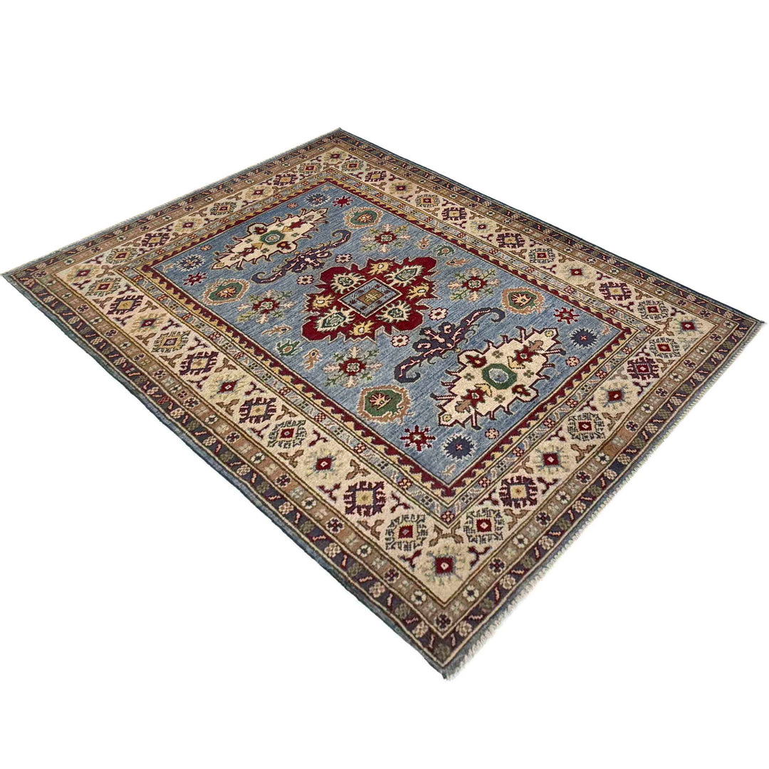 Blue Afghan Kazak Rug 4' 0" x 5' 11" Hand-Knotted | No. AL101383