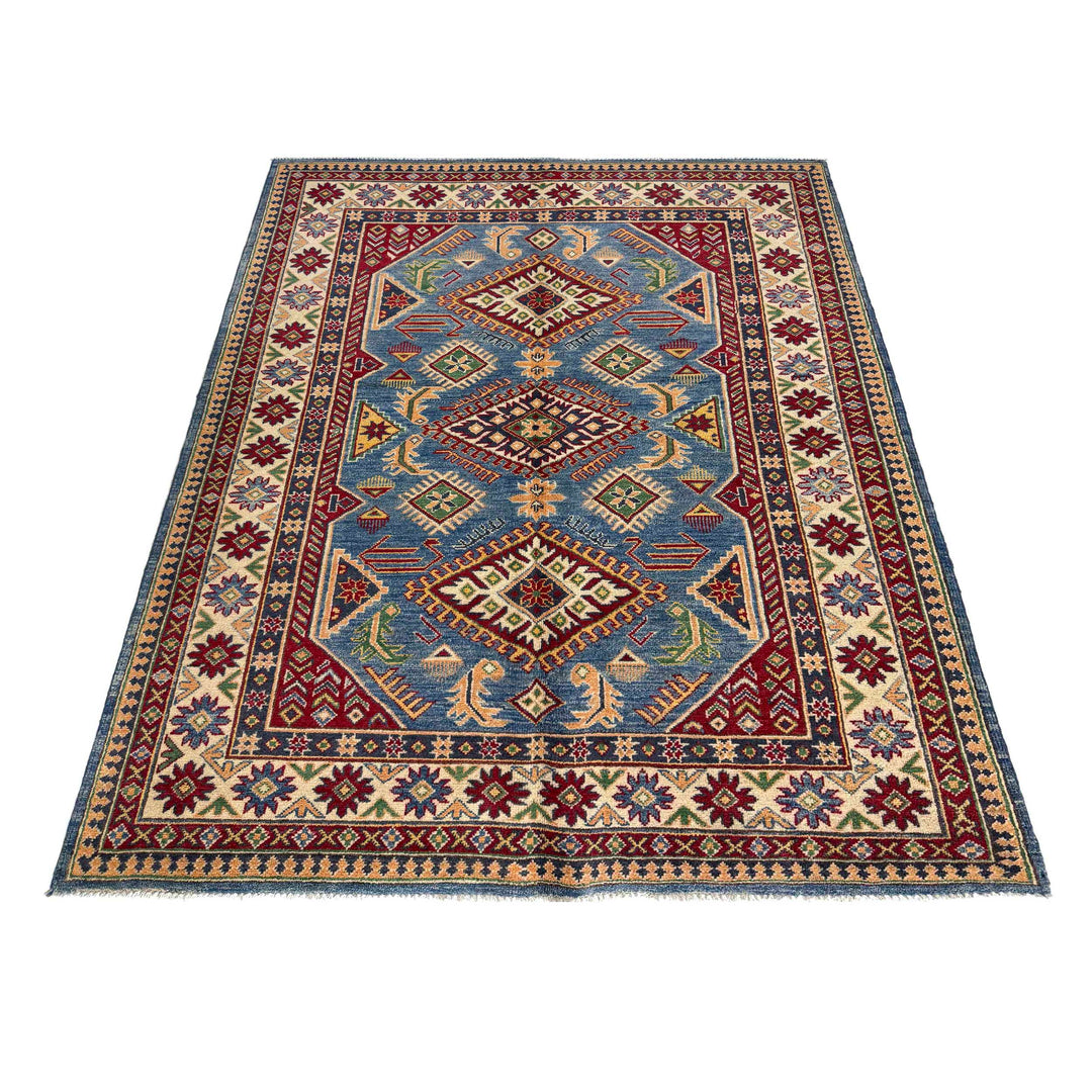 Blue Afghan Kazak Rug 4' 11" x 6' 10" Hand-Knotted detail