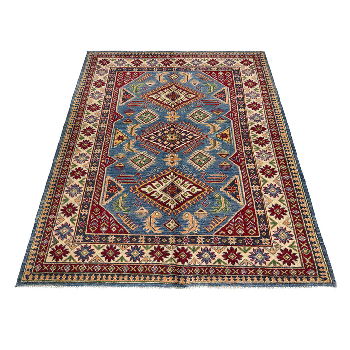 Blue Afghan Kazak Rug 4' 11" x 6' 10" Hand-Knotted detail