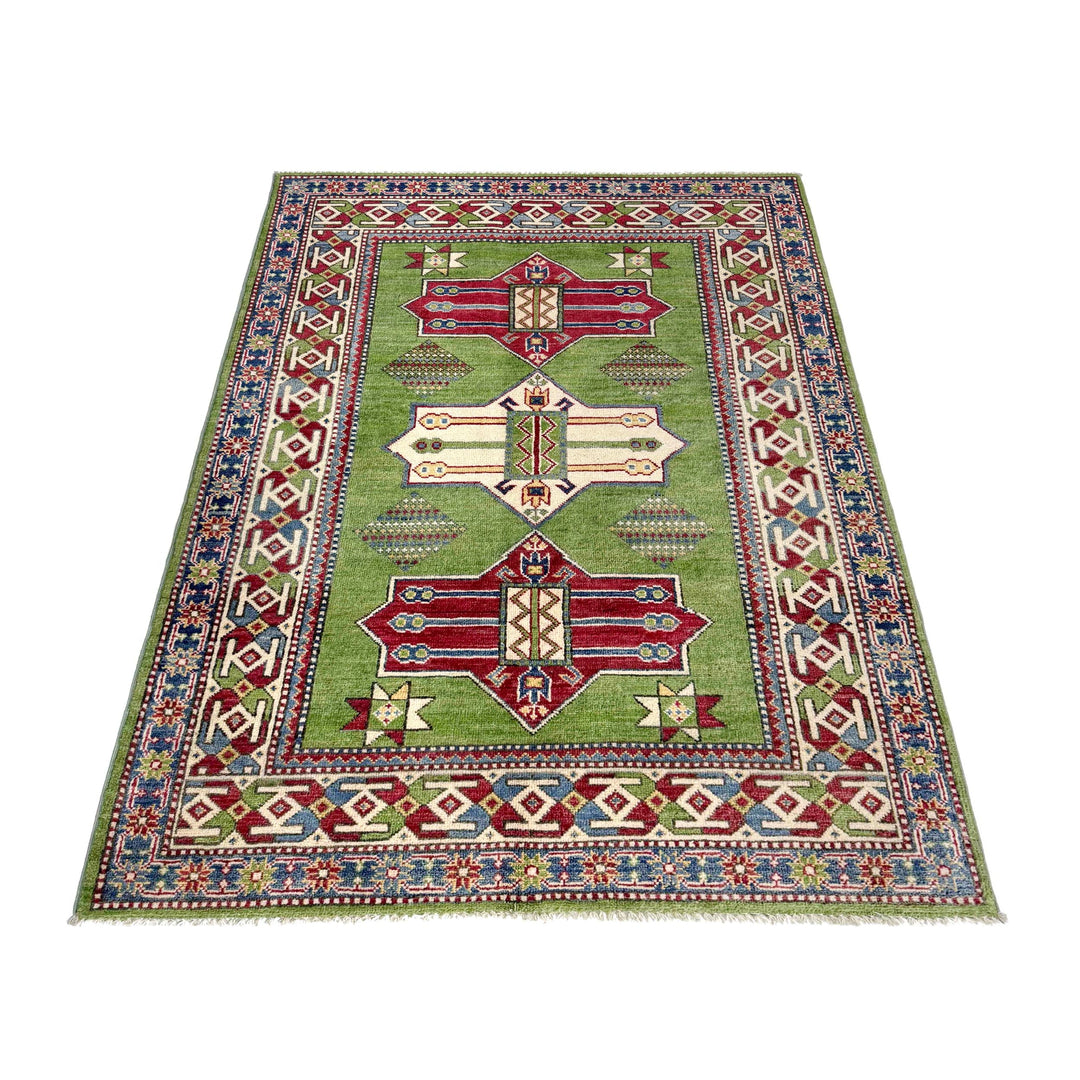 Green Afghan Kazak Rug 3' 11" x 5' 11" Hand-Knotted | No. AL46698