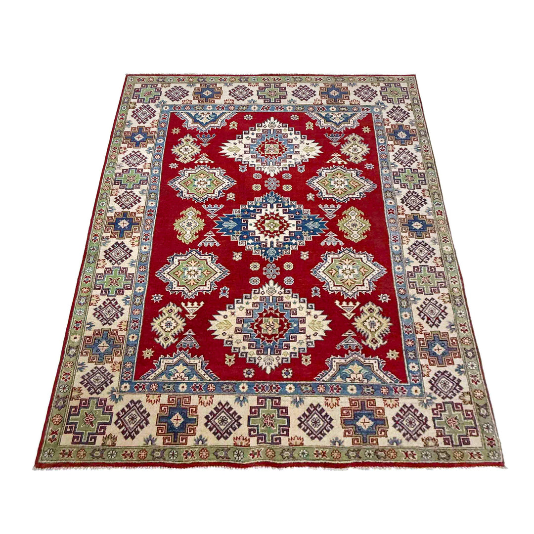 Red Afghan Kazak Rug 5' 7" x 7' 10" Hand-Knotted | No. AL42345