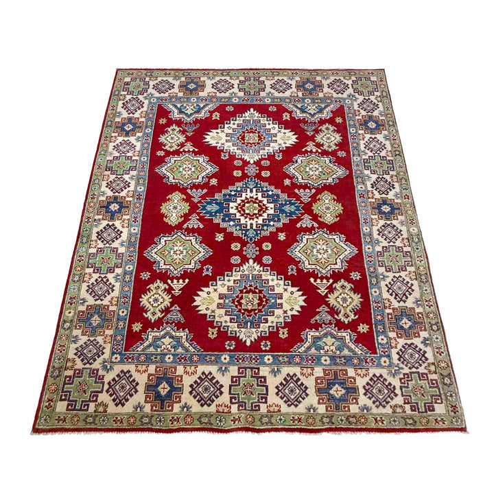Red Afghan Kazak Rug 5' 7" x 7' 10" Hand-Knotted | No. AL42345