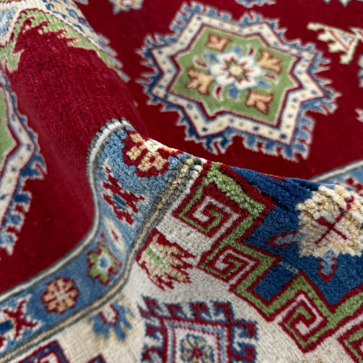 Red Afghan Kazak Rug 5' 7" x 7' 10" Hand-Knotted | No. AL42345