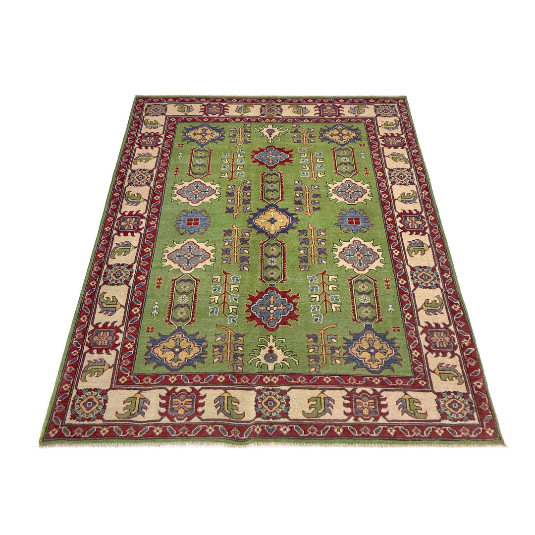 Green Afghan Kazak Rug 5'8" x 8'4" Hand-Knotted detail