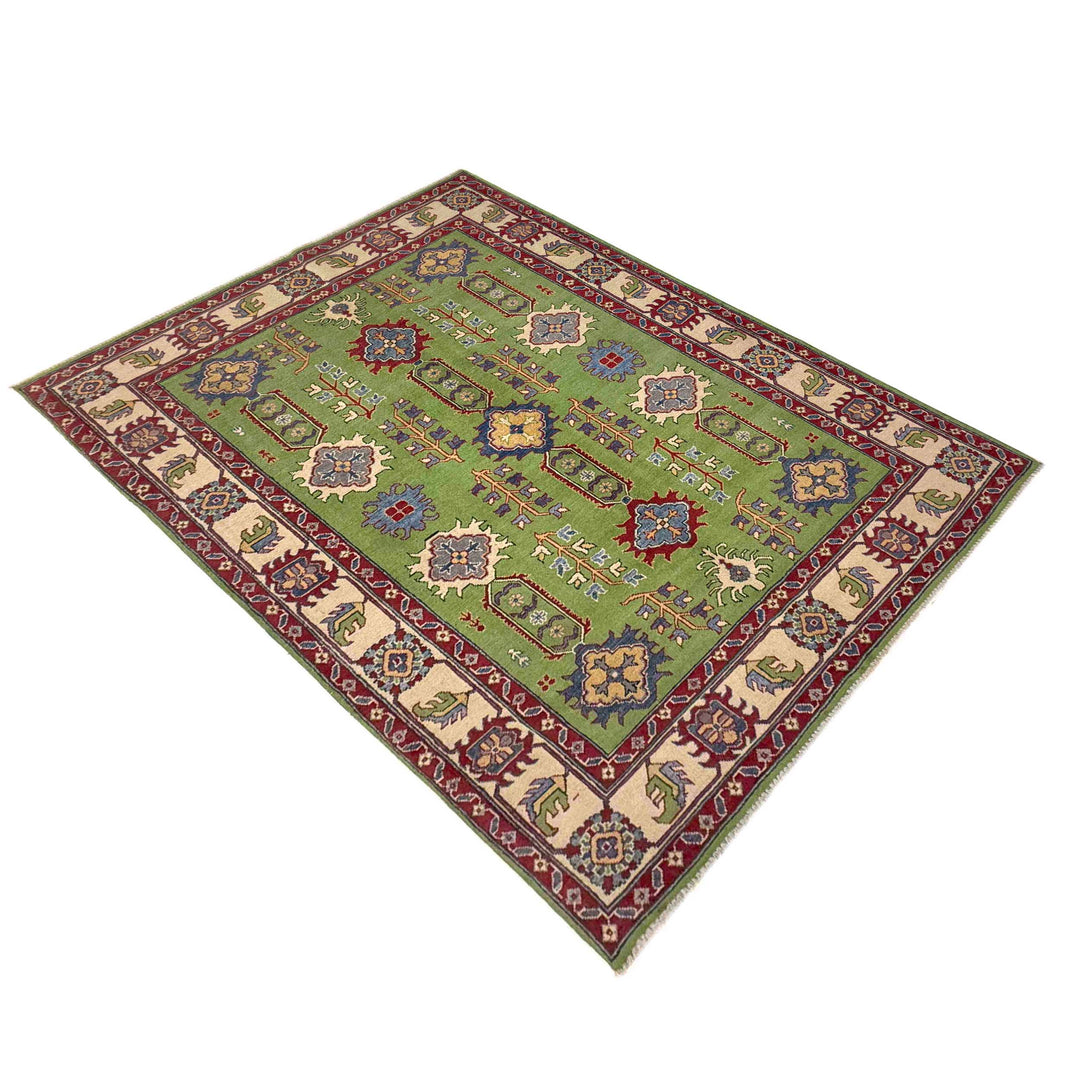 Green Afghan Kazak Rug 5'8" x 8'4" Hand-Knotted close-up