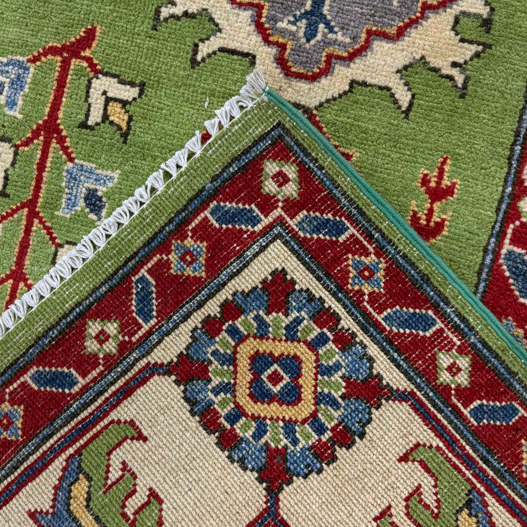 Green Afghan Kazak Rug 5'8" x 8'4" Hand-Knotted border