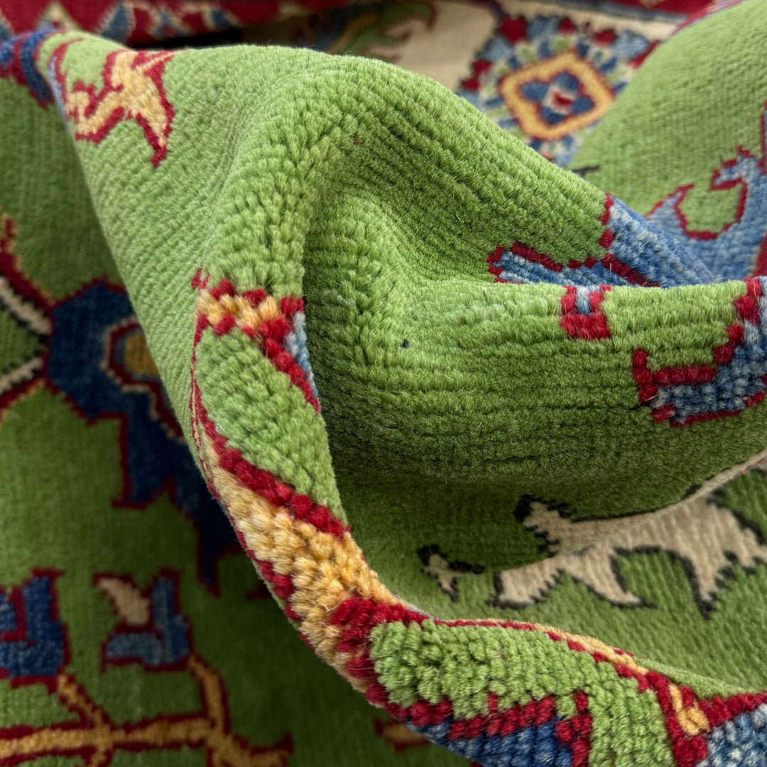 Green Afghan Kazak Rug 5'8" x 8'4" Hand-Knotted field