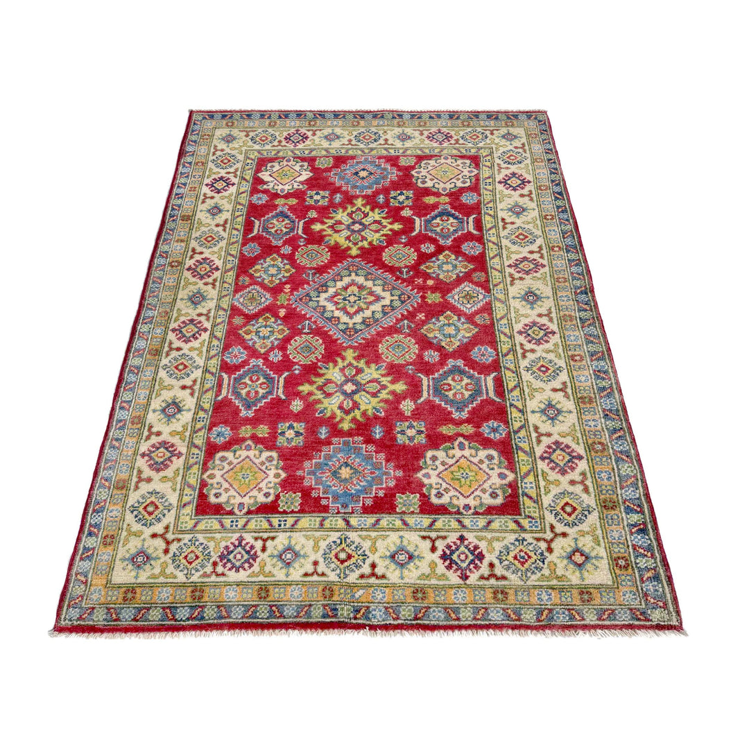 Red Afghan Kazak Rug 4' 2" x 5' 11" Hand-Knotted | No. AL36959