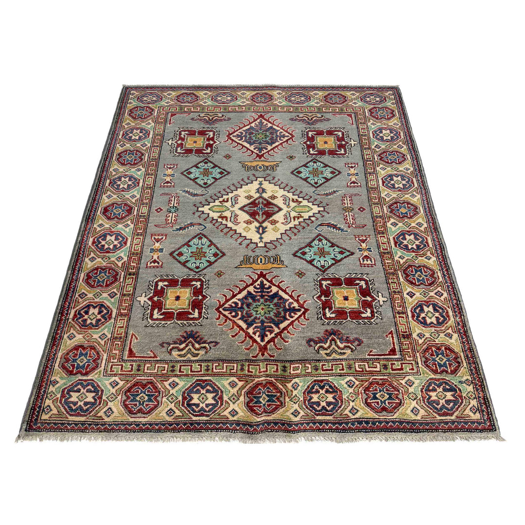 Gray Afghan Kazak Rug 4' 8" x 6' 5" Hand-Knotted detail