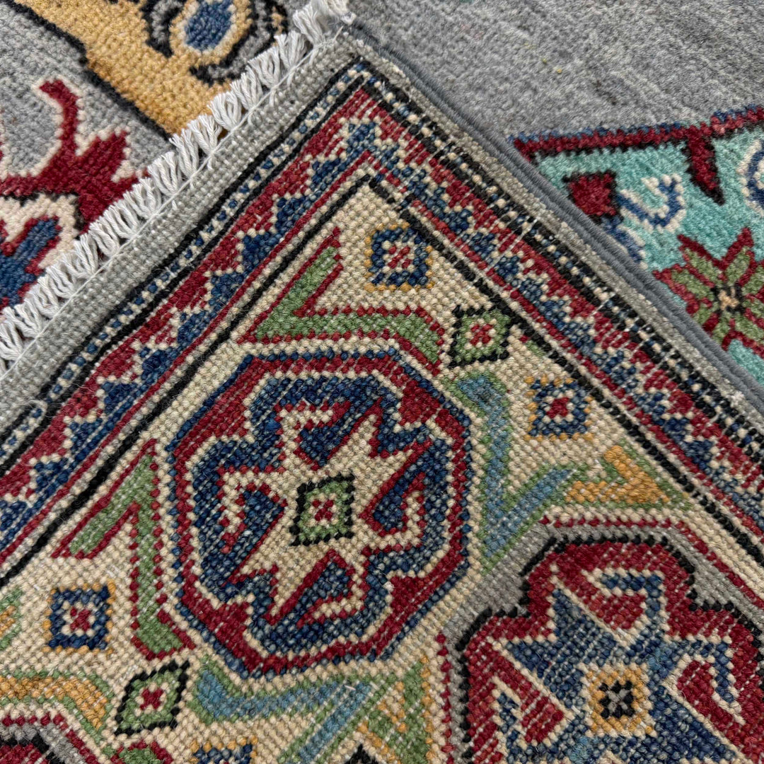 Gray Afghan Kazak Rug 4' 8" x 6' 5" Hand-Knotted border