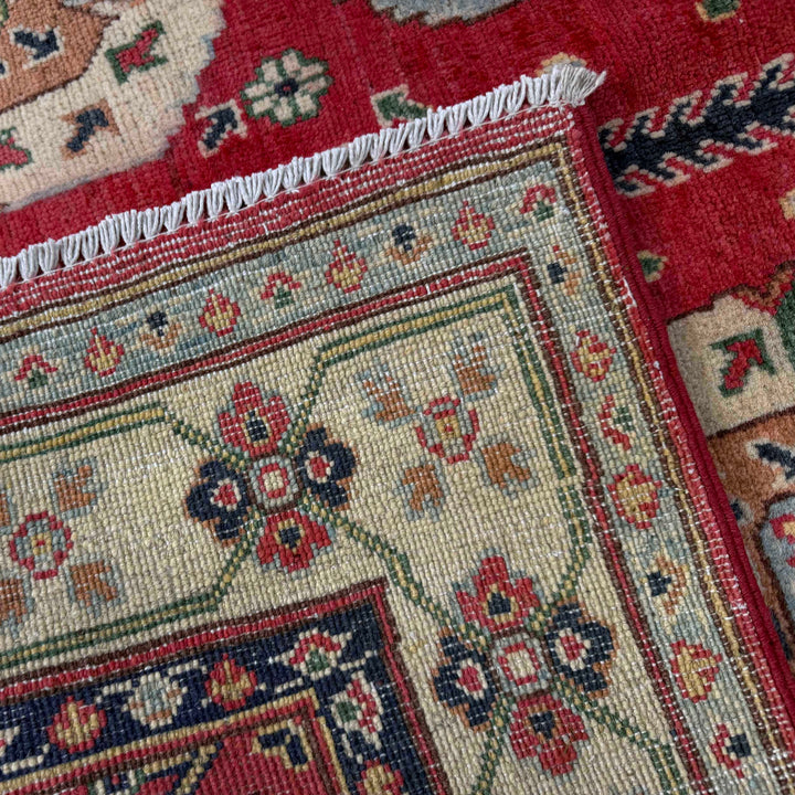 Red Afghan Kazak Rug 4' 0" x 5' 10" Hand-Knotted border