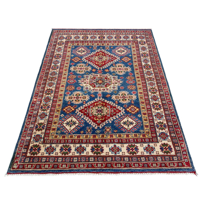 Blue Afghan Kazak Rug 3' 10" x 5' 10" Hand-Knotted | No. AL99456
