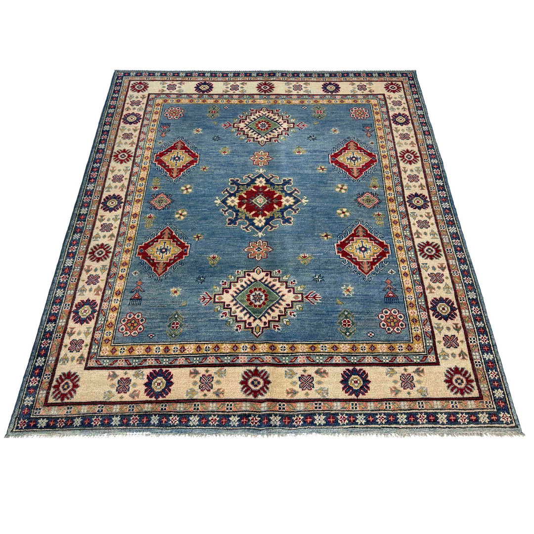 Blue Afghan Kazak Rug 4' 10" x 6' 2" Hand-Knotted | No. AL44465
