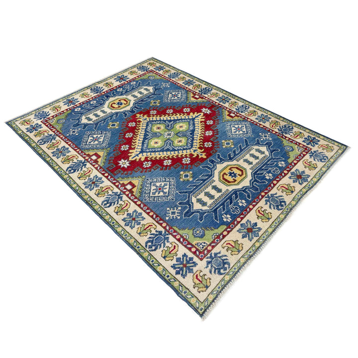 Blue Afghan Kazak Rug 3' 10" x 5' 10" Hand-Knotted view