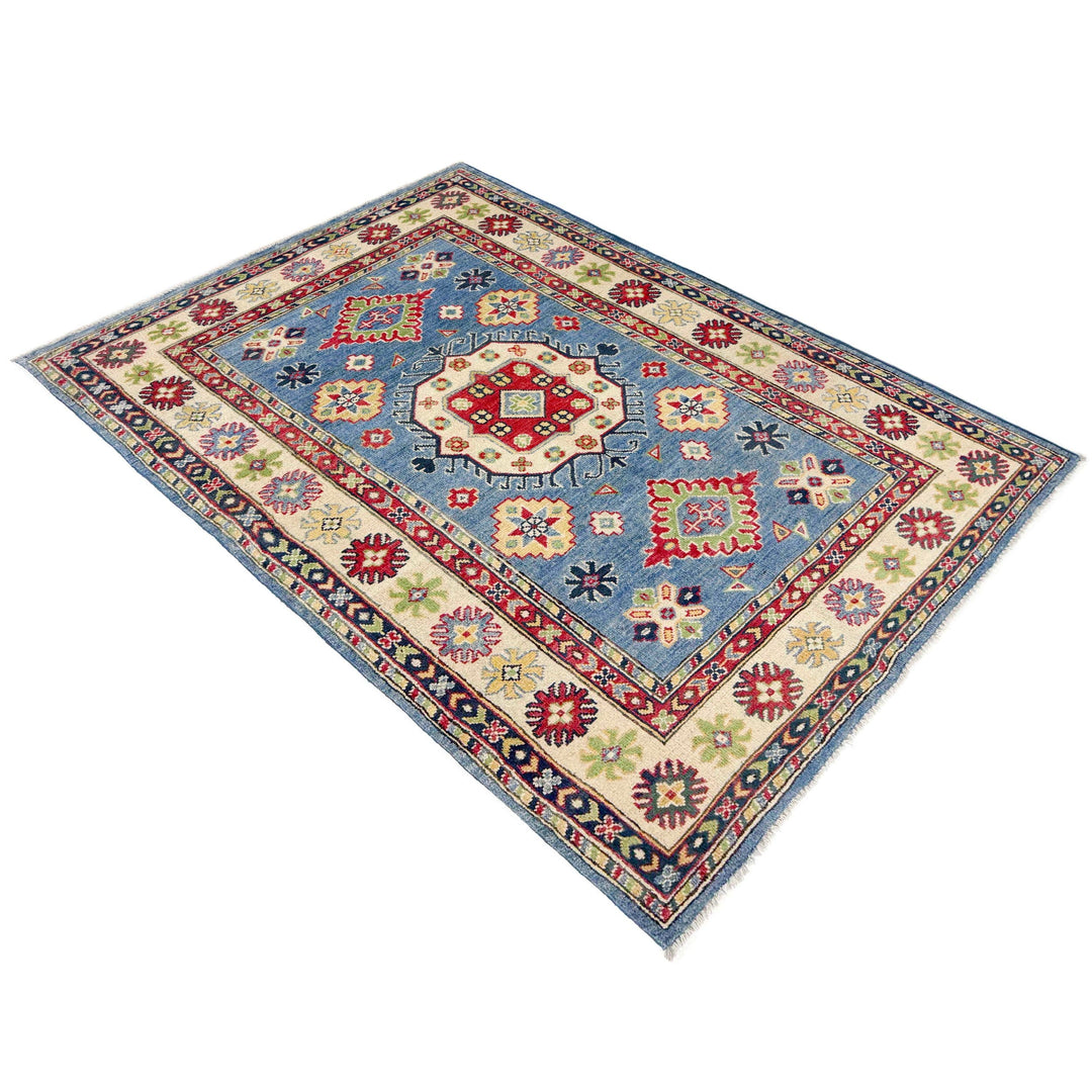 Blue Afghan Kazak Rug 3' 8" x 5' 11" Hand-Knotted close-up