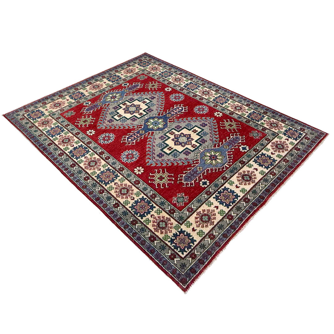 Red Afghan Kazak Rug 4' 11" x 6' 5" Hand-Knotted view