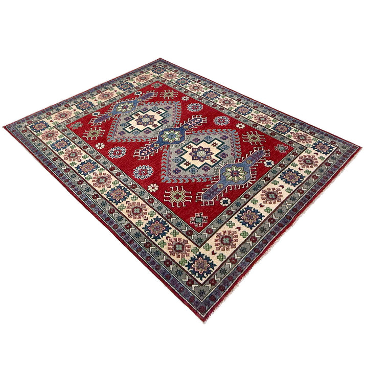 Red Afghan Kazak Rug 4' 11" x 6' 5" Hand-Knotted view