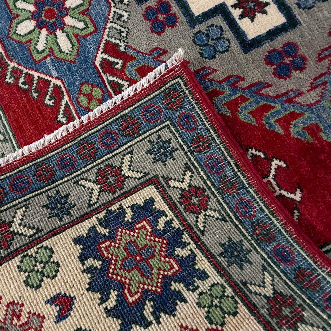 Red Afghan Kazak Rug 4' 11" x 6' 5" Hand-Knotted border