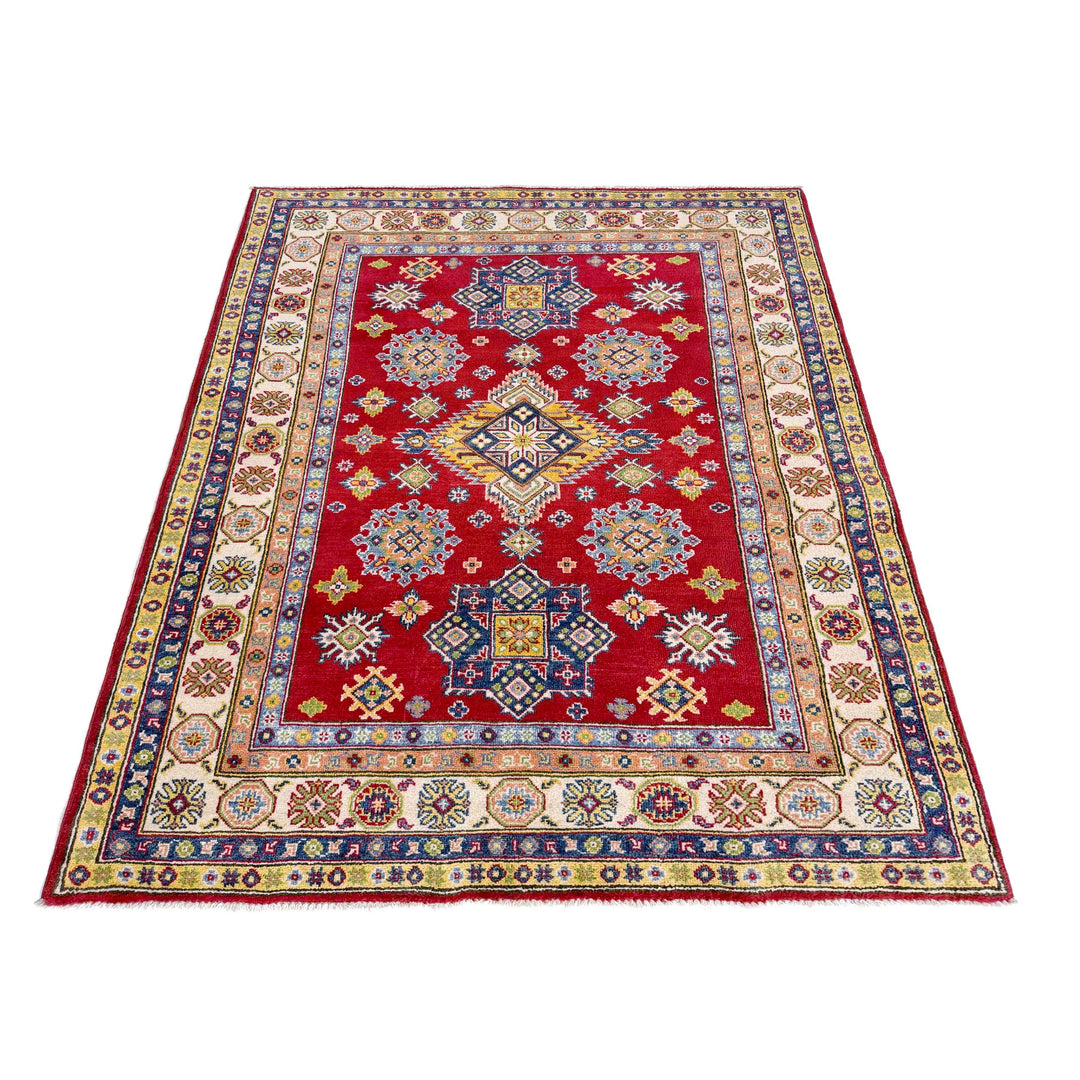 Red Afghan Kazak Rug 4' 8" x 6' 7" Hand-Knotted detail