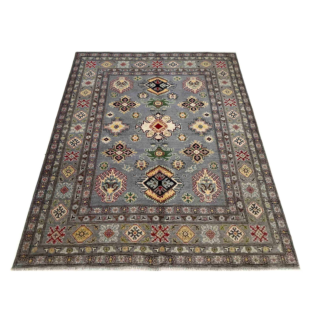 Gray Afghan Kazak Rug 4' 9" x 6' 4" Hand-Knotted | No. AL210074