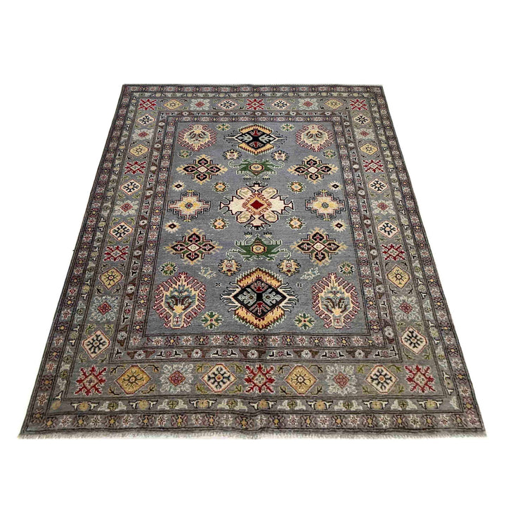 Gray Afghan Kazak Rug 4' 9" x 6' 4" Hand-Knotted | No. AL210074