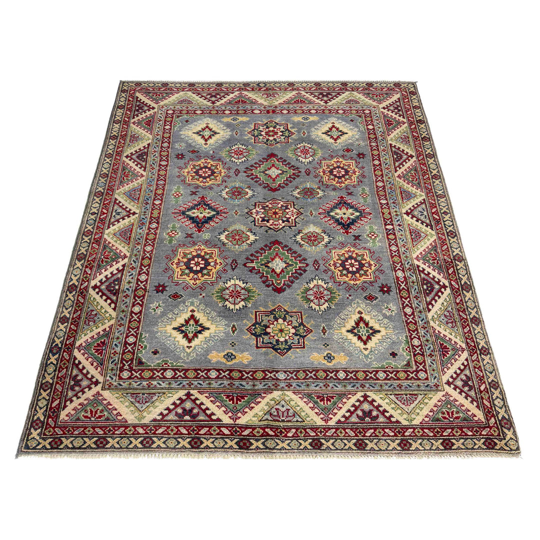 Gray Afghan Kazak Rug 4' 9" x 6' 7" Hand-Knotted detail
