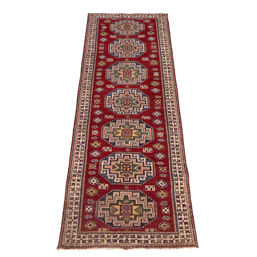 Red Afghan Kazak Runner Rug 2' 8" x 8' 4" Hand-Knotted detail