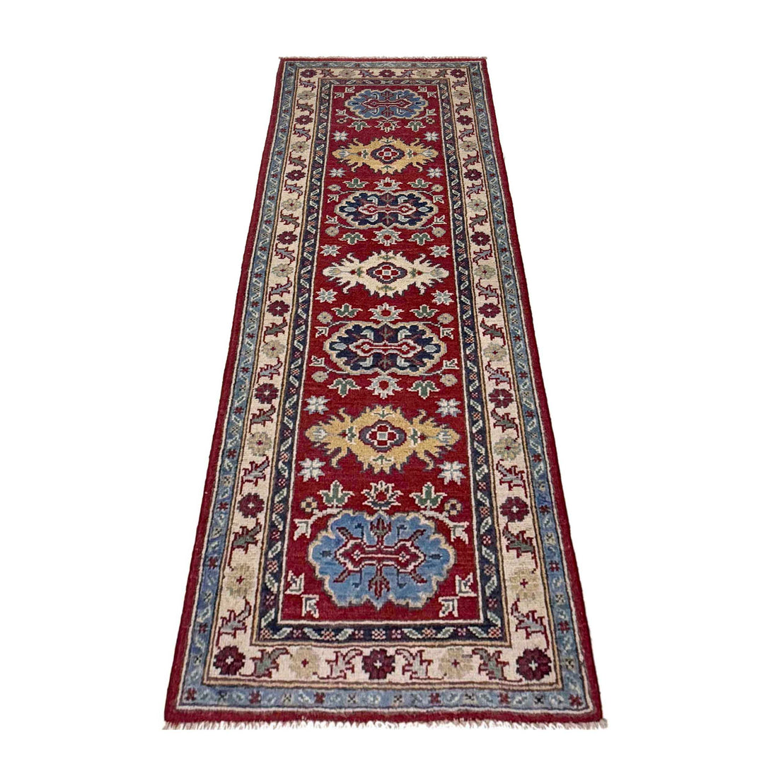 Red Afghan Kazak Rug 2' 0" x 5' 10" Hand-Knotted detail