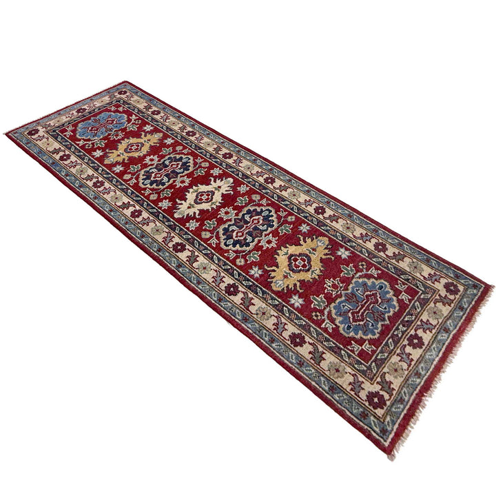 Red Afghan Kazak Rug 2' 0" x 5' 10" Hand-Knotted close-up