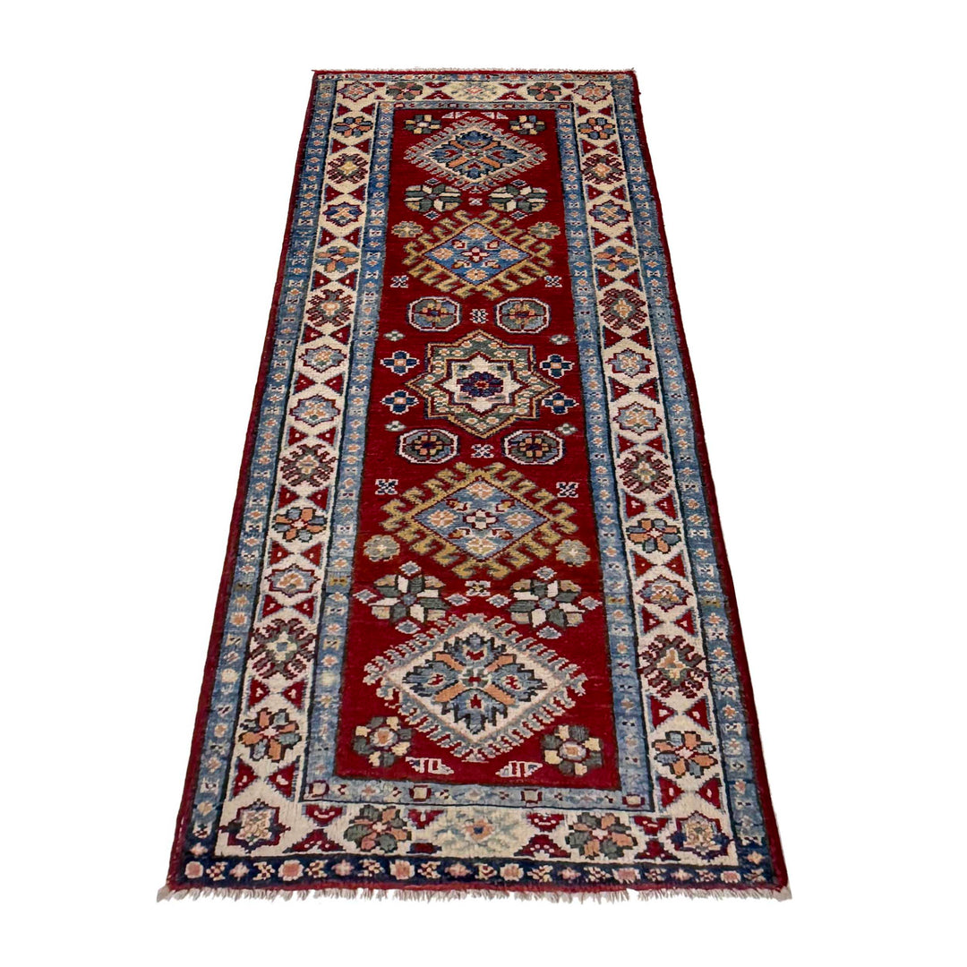 Red Afghan Kazak Runner Rug 1' 10" x 5' 1" Hand-Knotted detail