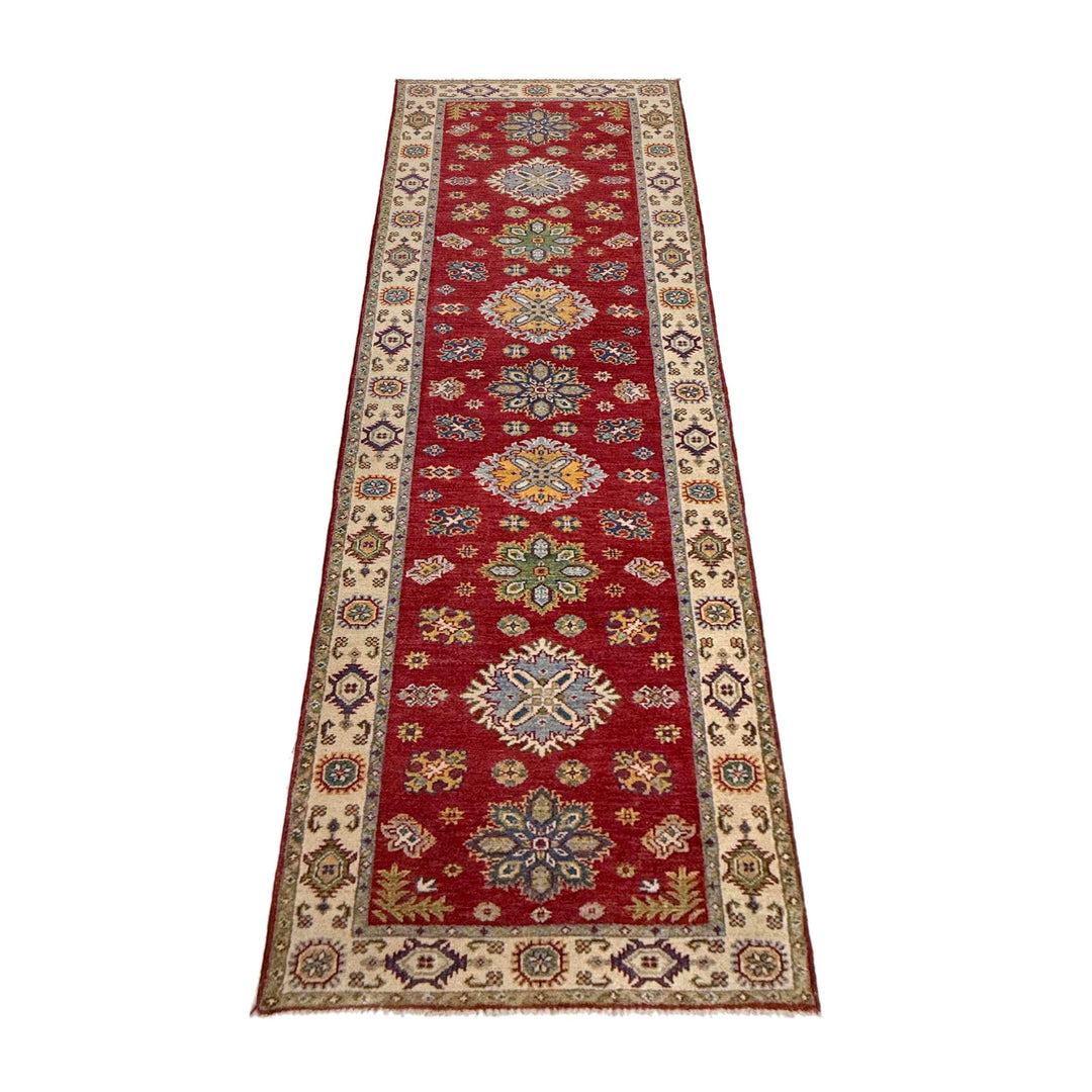 Red Afghan Kazak Rug 2' 8" x 9' 9" Hand-Knotted detail