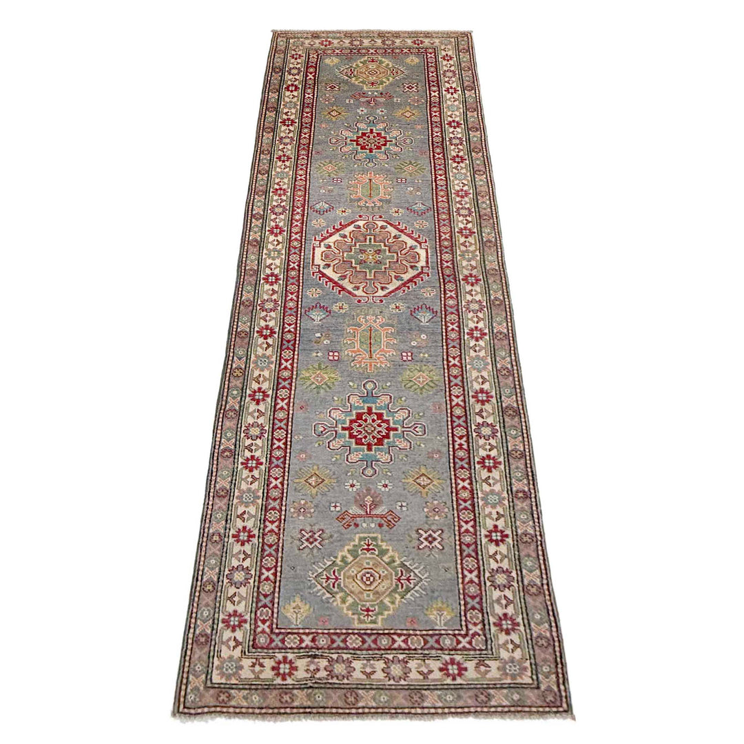 Gray Afghan Kazak Rug 2' 7" x 9' 7" Hand-Knotted detail