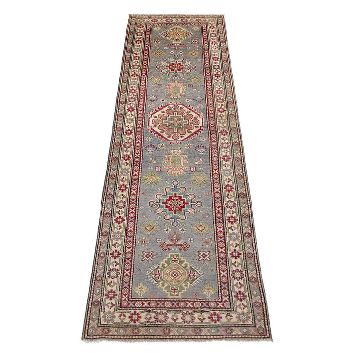 Gray Afghan Kazak Rug 2' 7" x 9' 7" Hand-Knotted detail