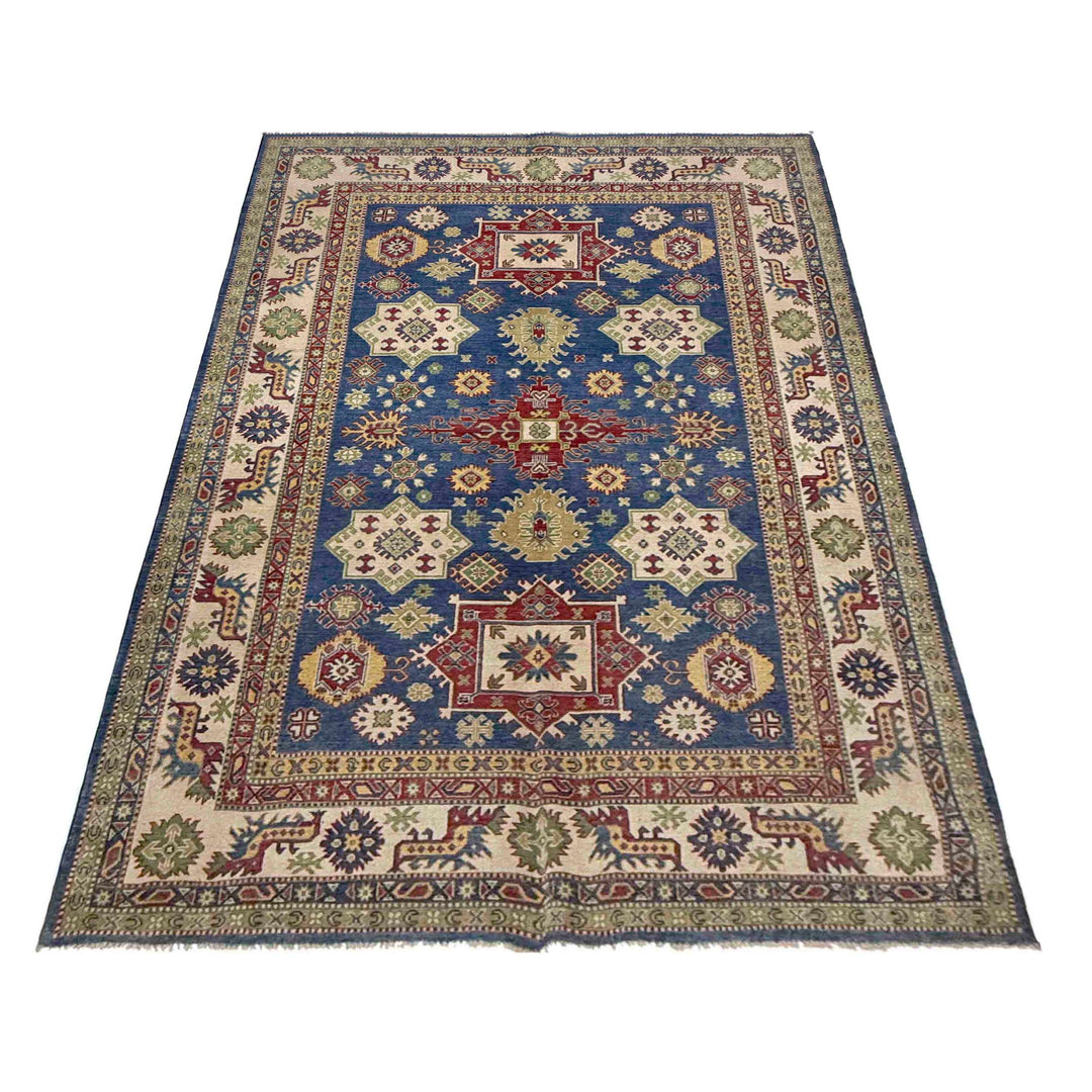 Blue Afghan Kazak Rug 6' 6" x 10' 4" Hand-Knotted detail