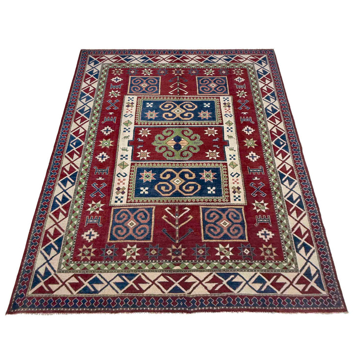 Red Afghan Kazak Rug 6' 4" x 9' 7" Hand-Knotted detail