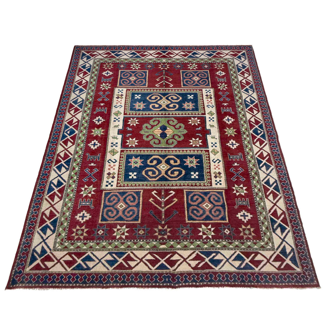 Red Afghan Kazak Rug 6' 4" x 9' 7" Hand-Knotted detail