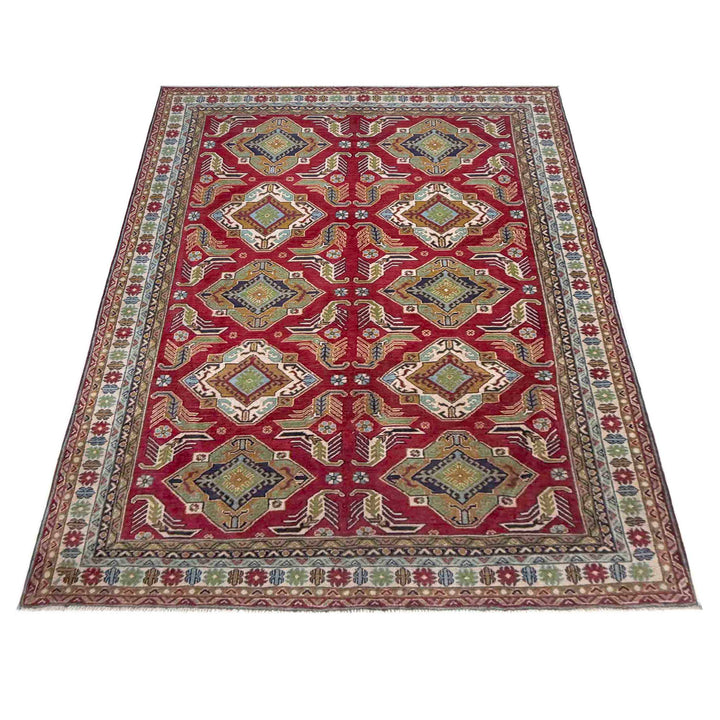 Red Afghan Kazak Rug 6' 4" x 9' 7" Hand-Knotted | No. AL45800