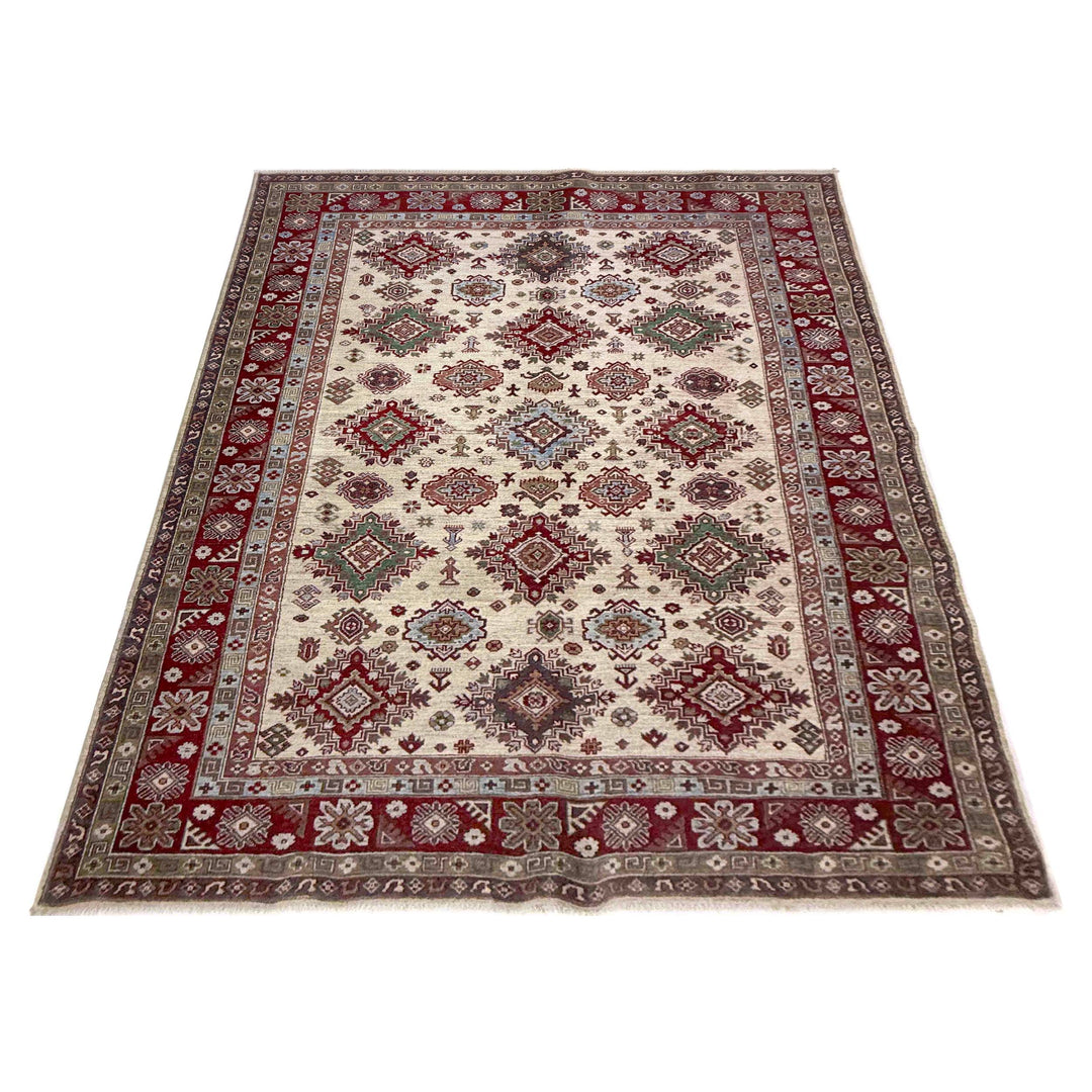 Beige Afghan Kazak Rug 6' 7" x 9' 5" Hand-Knotted | No. AL44541