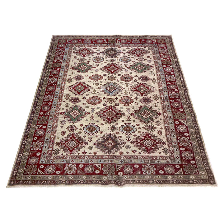 Beige Afghan Kazak Rug 6' 7" x 9' 5" Hand-Knotted detail