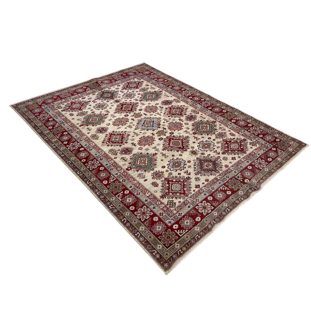 Beige Afghan Kazak Rug 6' 7" x 9' 5" Hand-Knotted view