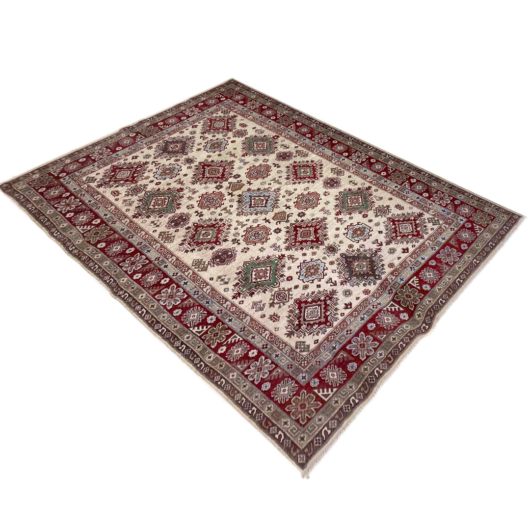 Beige Afghan Kazak Rug 6' 7" x 9' 5" Hand-Knotted | No. AL44541