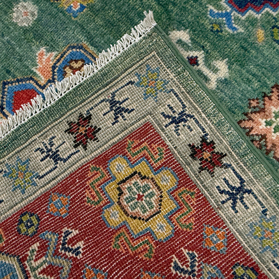 Green Afghan Kazak Rug 6' 9" x 10' 0" Hand-Knotted | No. AL46764