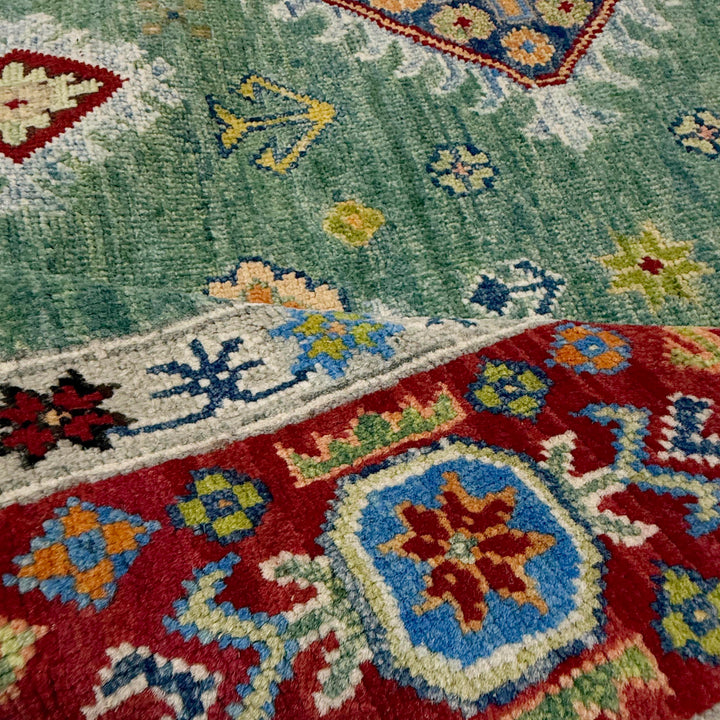 Green Afghan Kazak Rug 6' 9" x 10' 0" Hand-Knotted | No. AL46764