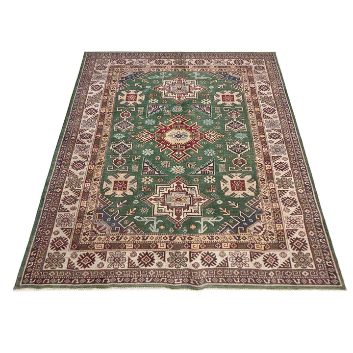 Green Afghan Kazak Rug 6' 6" x 9' 9" Hand-Knotted | No. AL27100