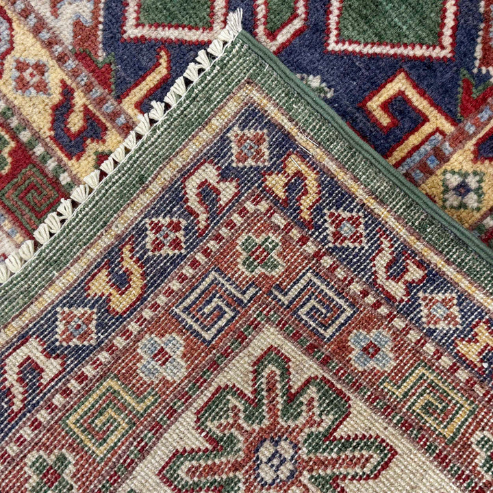 Green Afghan Kazak Rug 6' 6" x 9' 9" Hand-Knotted | No. AL27100