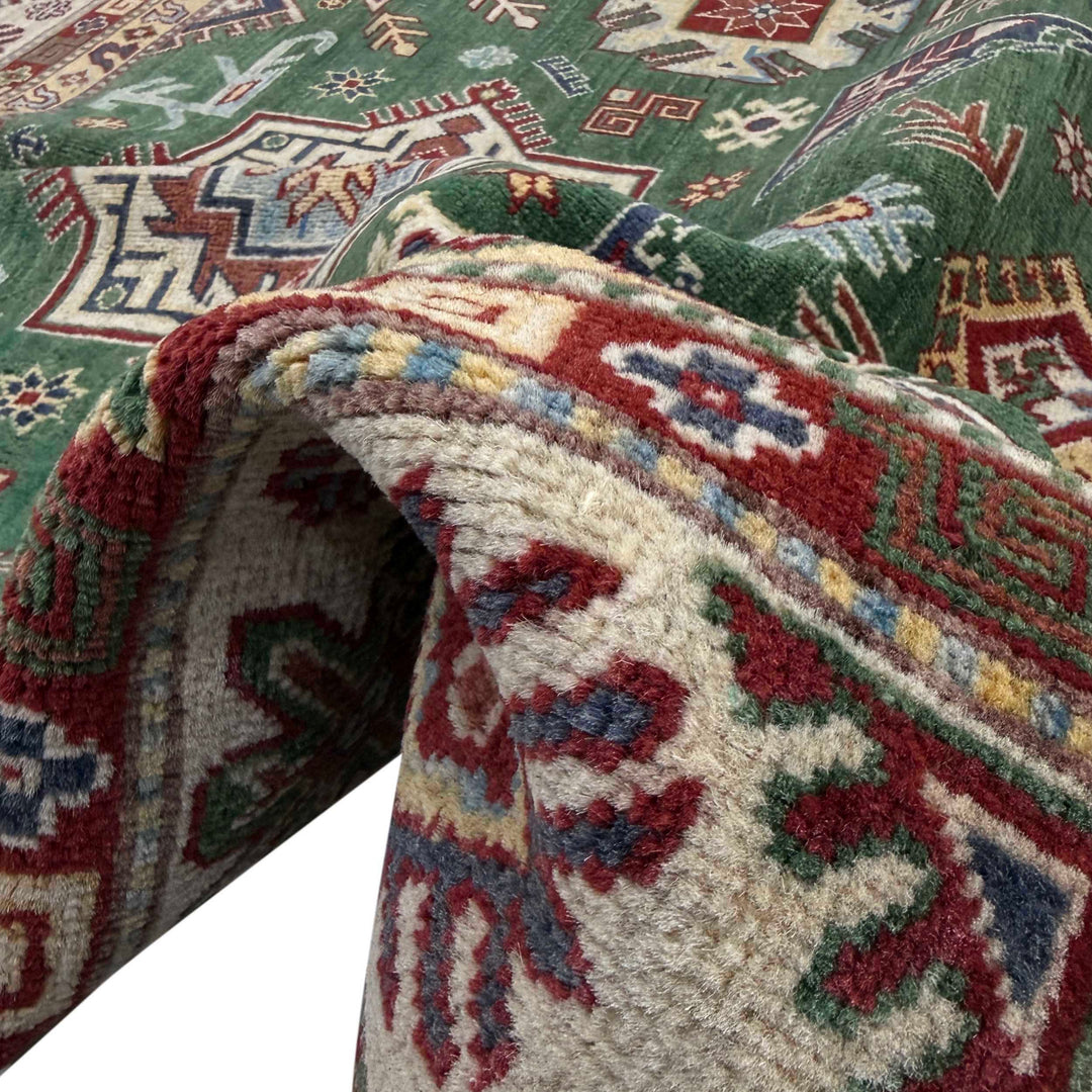 Green Afghan Kazak Rug 6' 6" x 9' 9" Hand-Knotted field