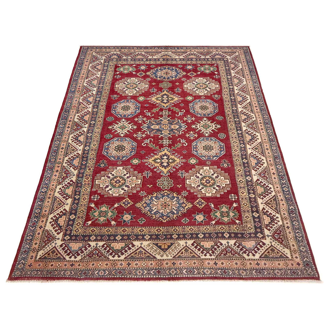 Red Afghan Kazak Rug 6' 4" x 9' 11" Hand-Knotted detail