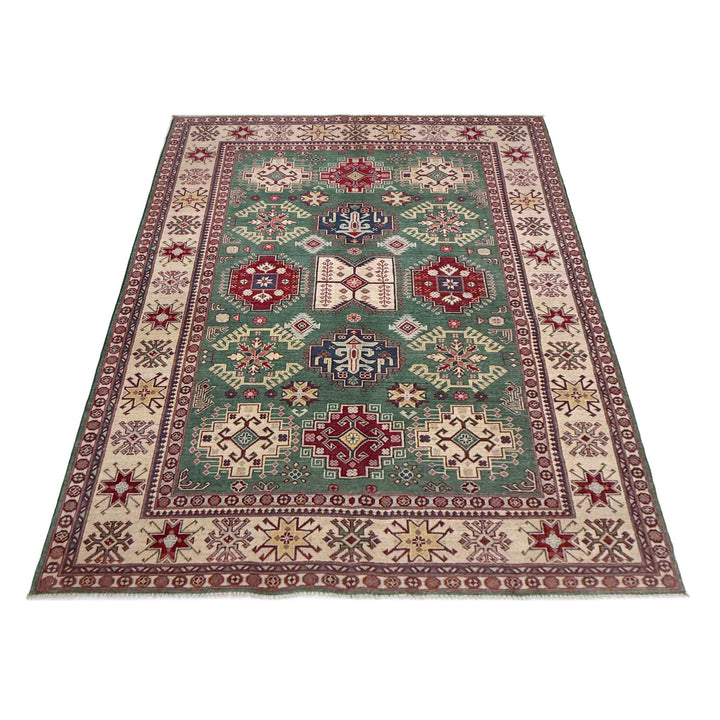 Green Afghan Kazak Rug 5' 9" x 9' 4" Hand-Knotted detail