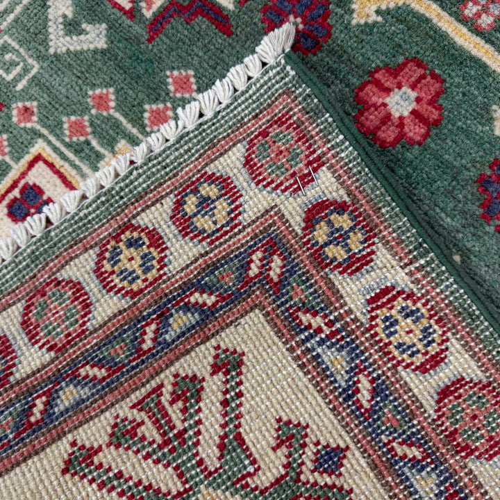 Green Afghan Kazak Rug 5' 9" x 9' 4" Hand-Knotted border