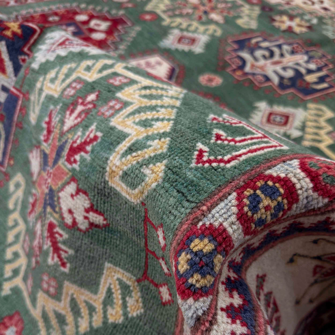 Green Afghan Kazak Rug 5' 9" x 9' 4" Hand-Knotted field
